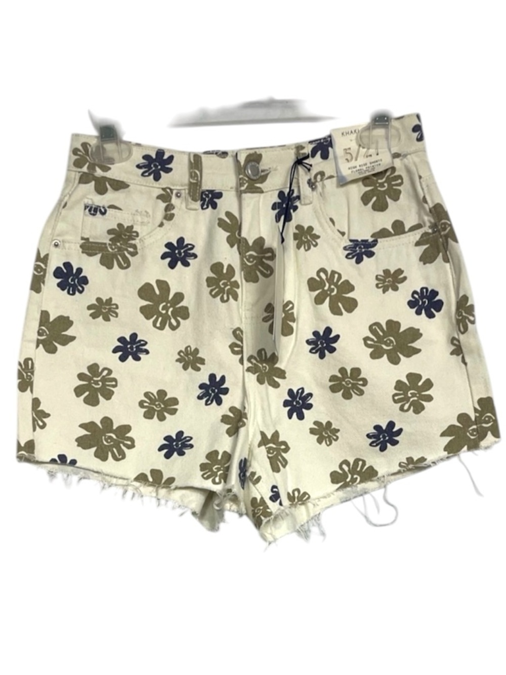 Khaki + Blue Floral Print Denim Shorts 5  Ivory Boho Girlhood Grunge Cottage